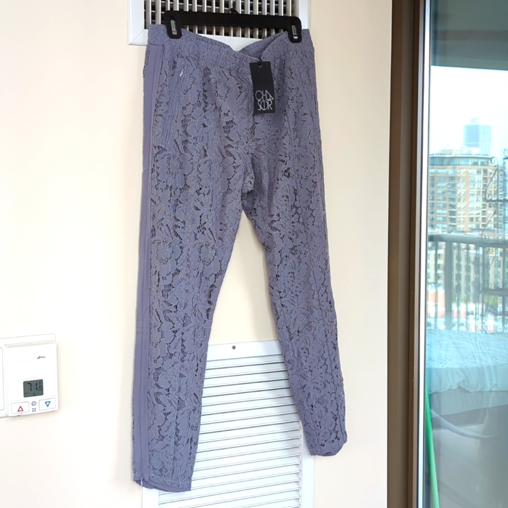Chaser nwt medium grey lace joggers with zippers and tuxedo piping